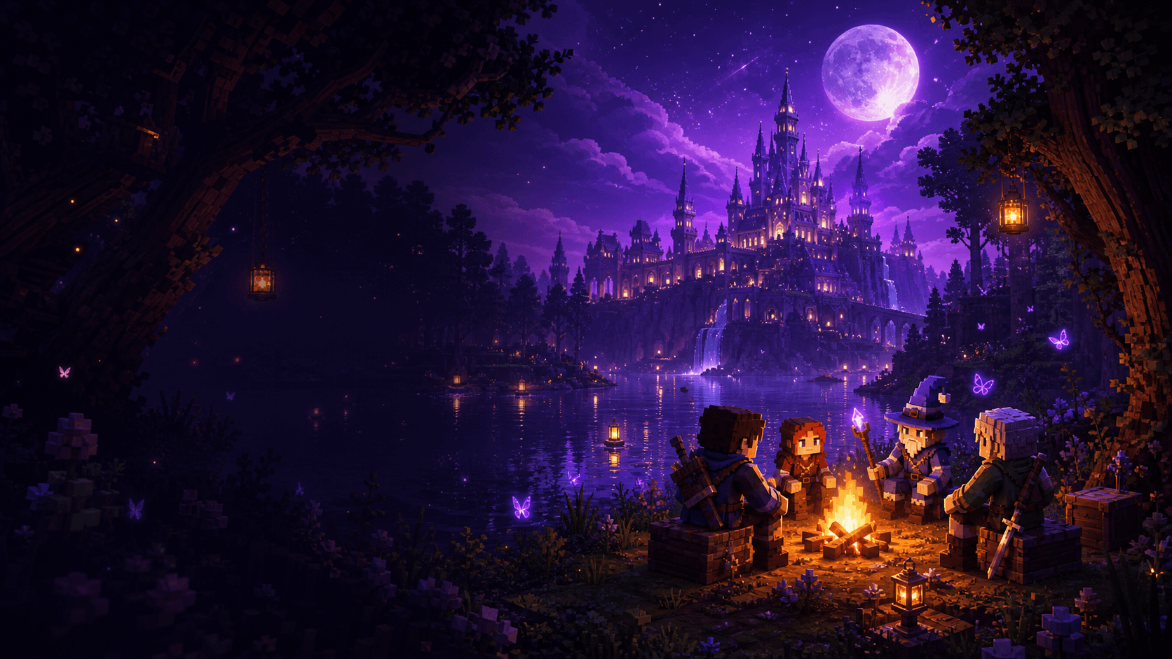 Друзья у костра смотрят на магический замок Wonderland